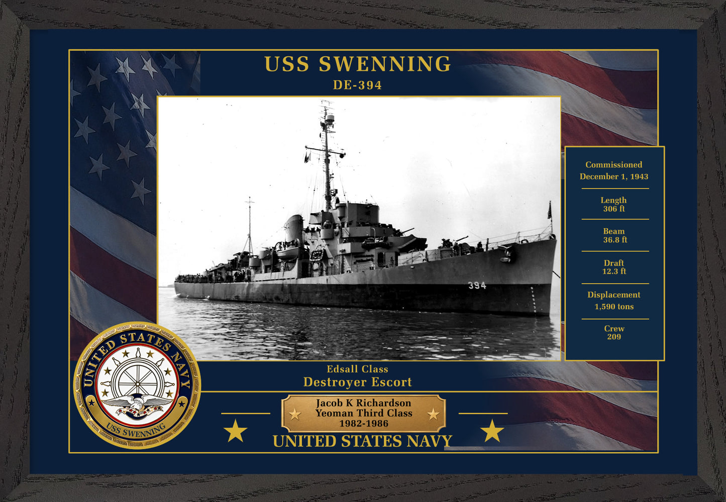 USS Swenning DE-394 Framed Patriotic Photo
