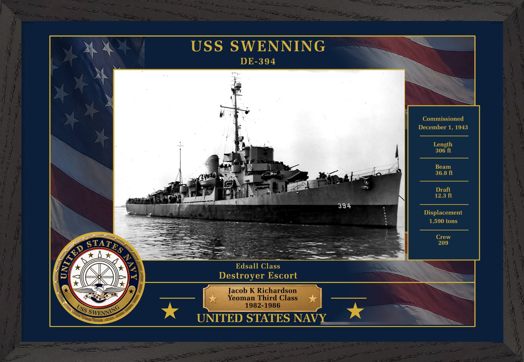 USS Swenning DE-394 Framed Patriotic Photo