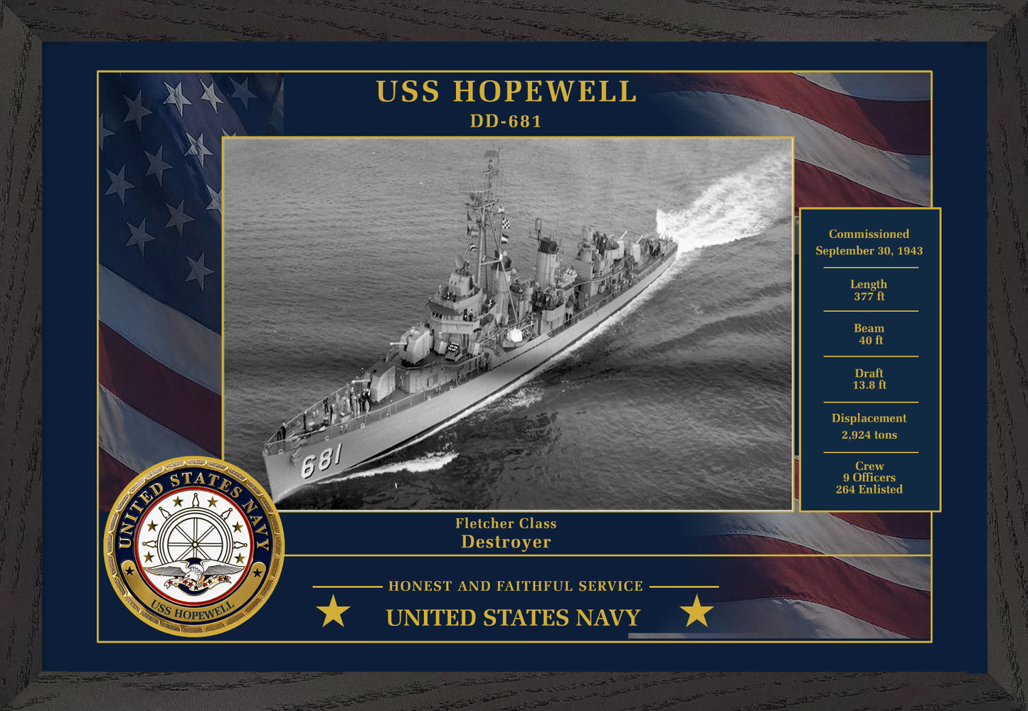 USS Hopewell DD-681 Framed Patriotic Photo