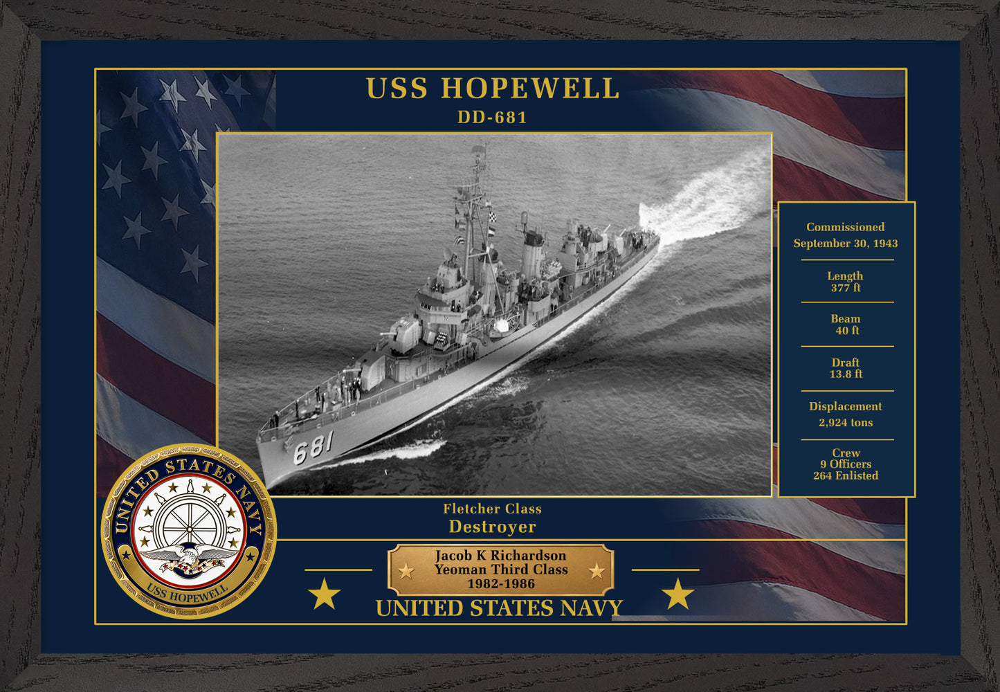 USS Hopewell DD-681 Framed Patriotic Photo