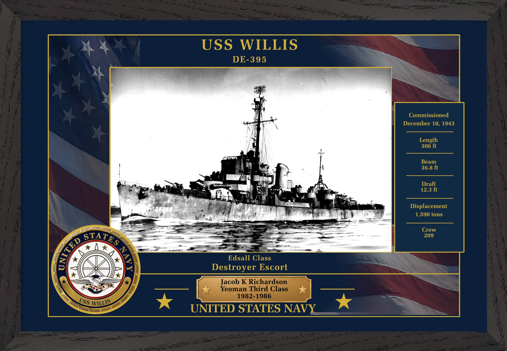 USS Willis DE-395 Framed Patriotic Photo