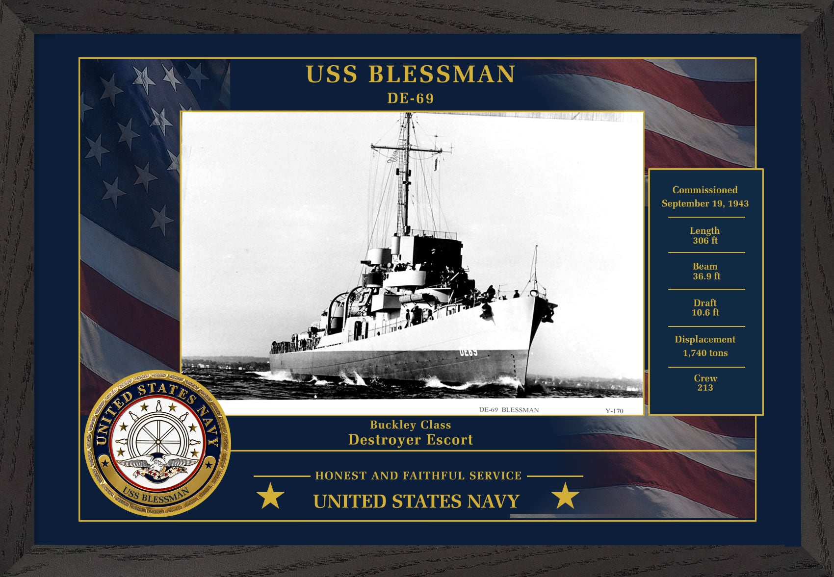 USS Blessman DE-69 Framed Patriotic Photo