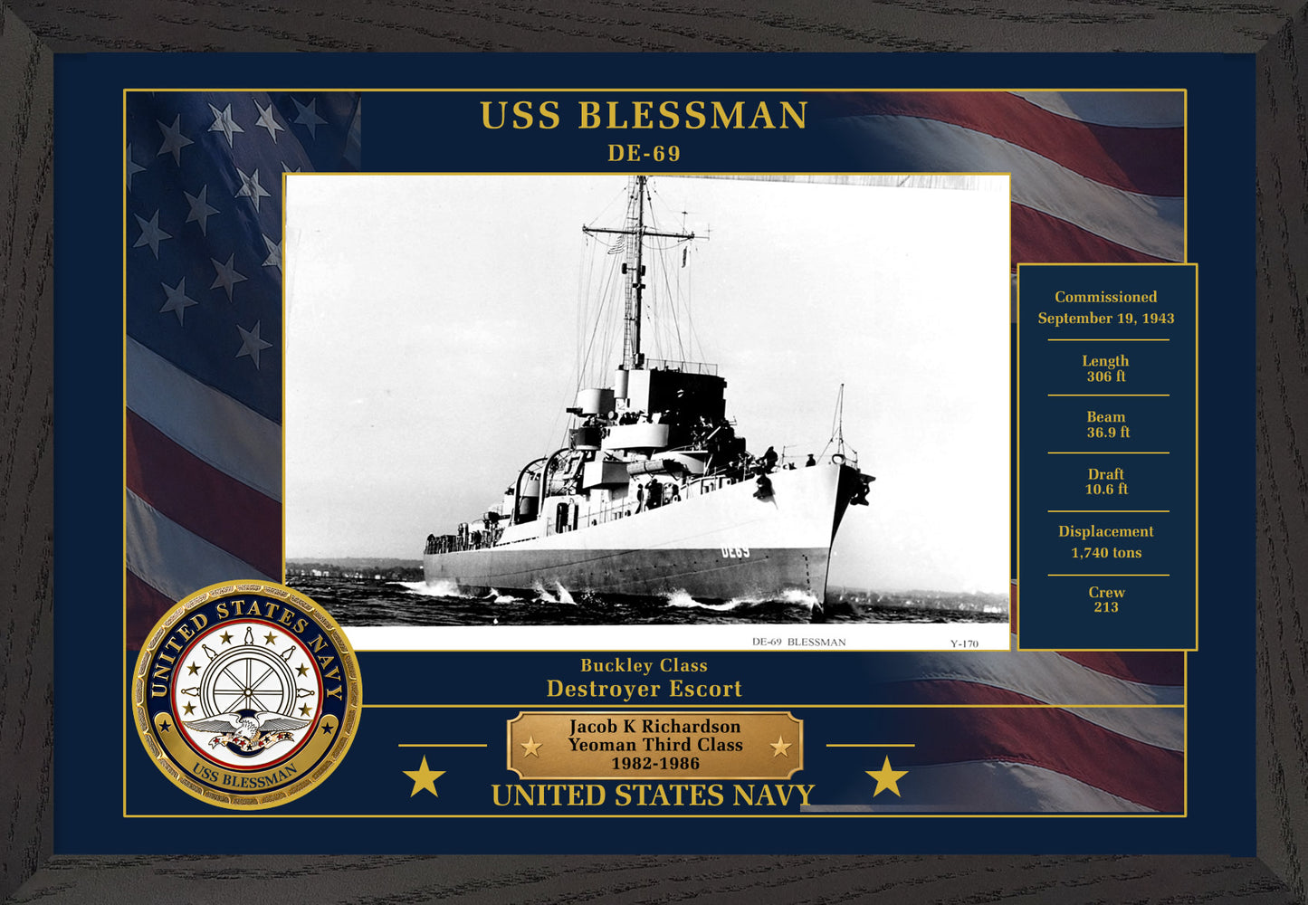 USS Blessman DE-69 Framed Patriotic Photo