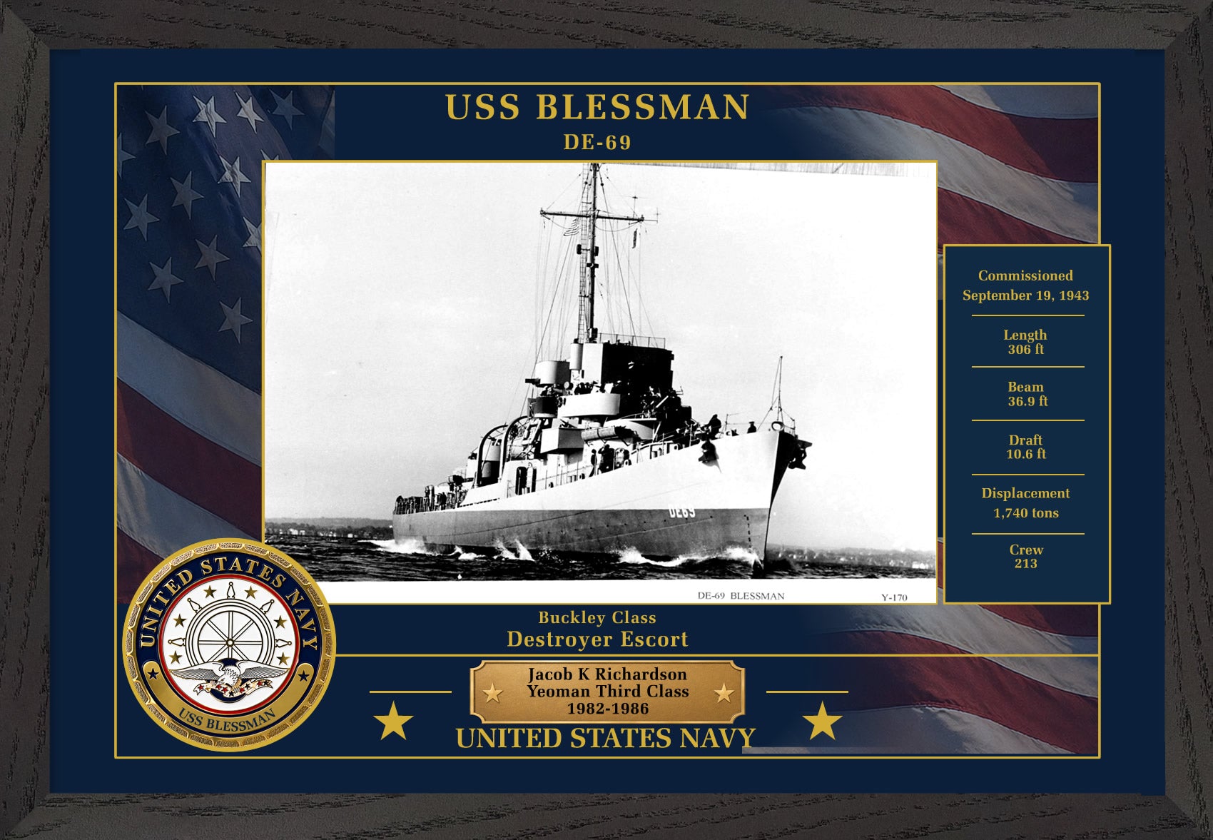 USS Blessman DE-69 Framed Patriotic Photo