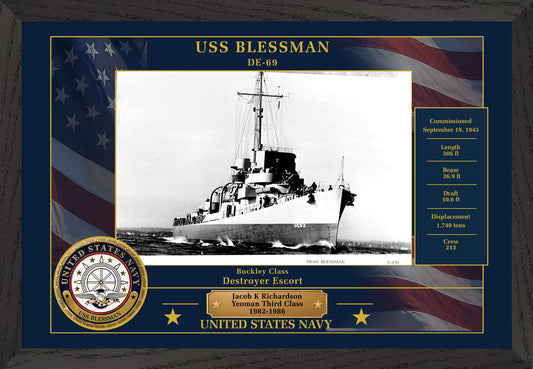 USS Blessman DE-69 Framed Patriotic Photo