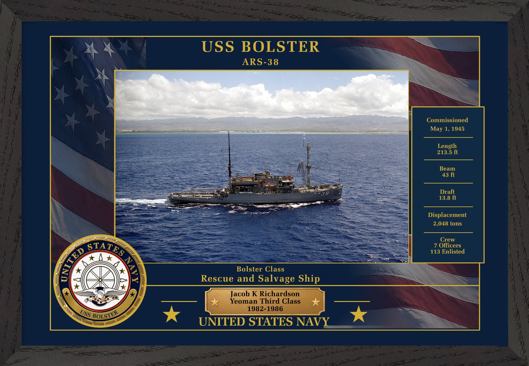 USS Bolster ARS-38 Framed Patriotic Photo