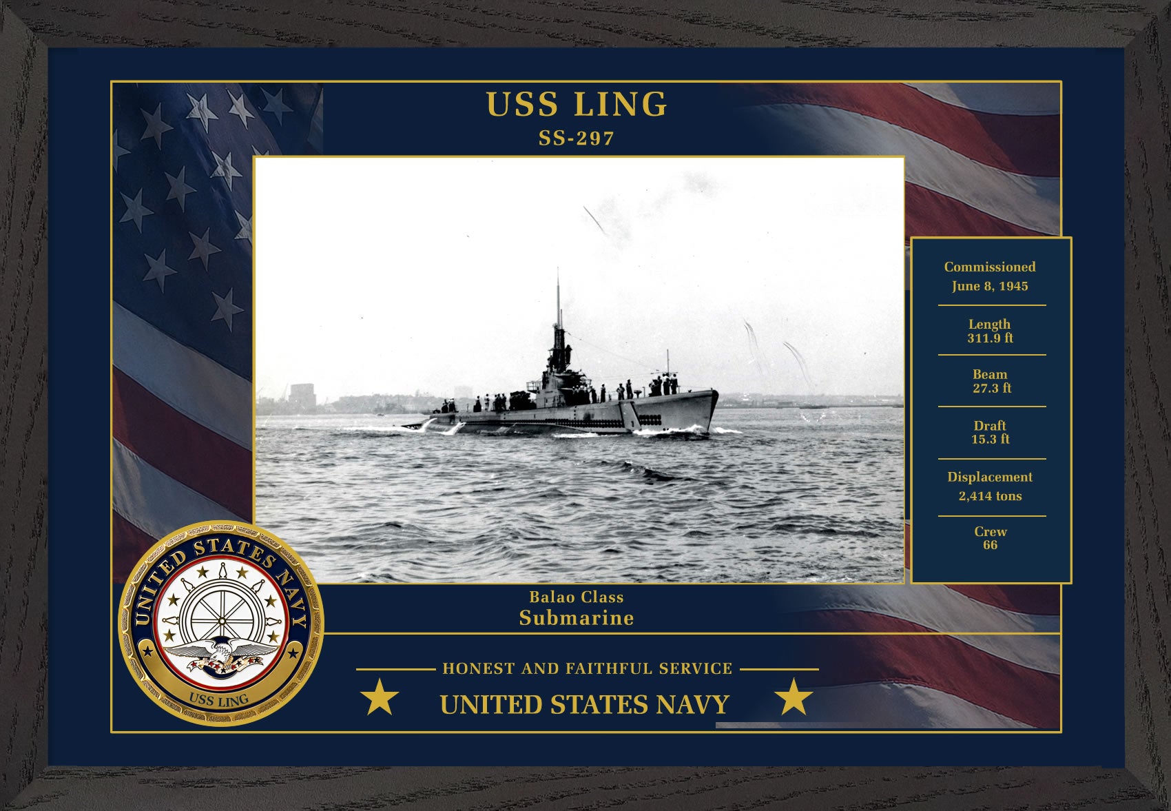 USS Ling SS-297 Framed Patriotic Photo