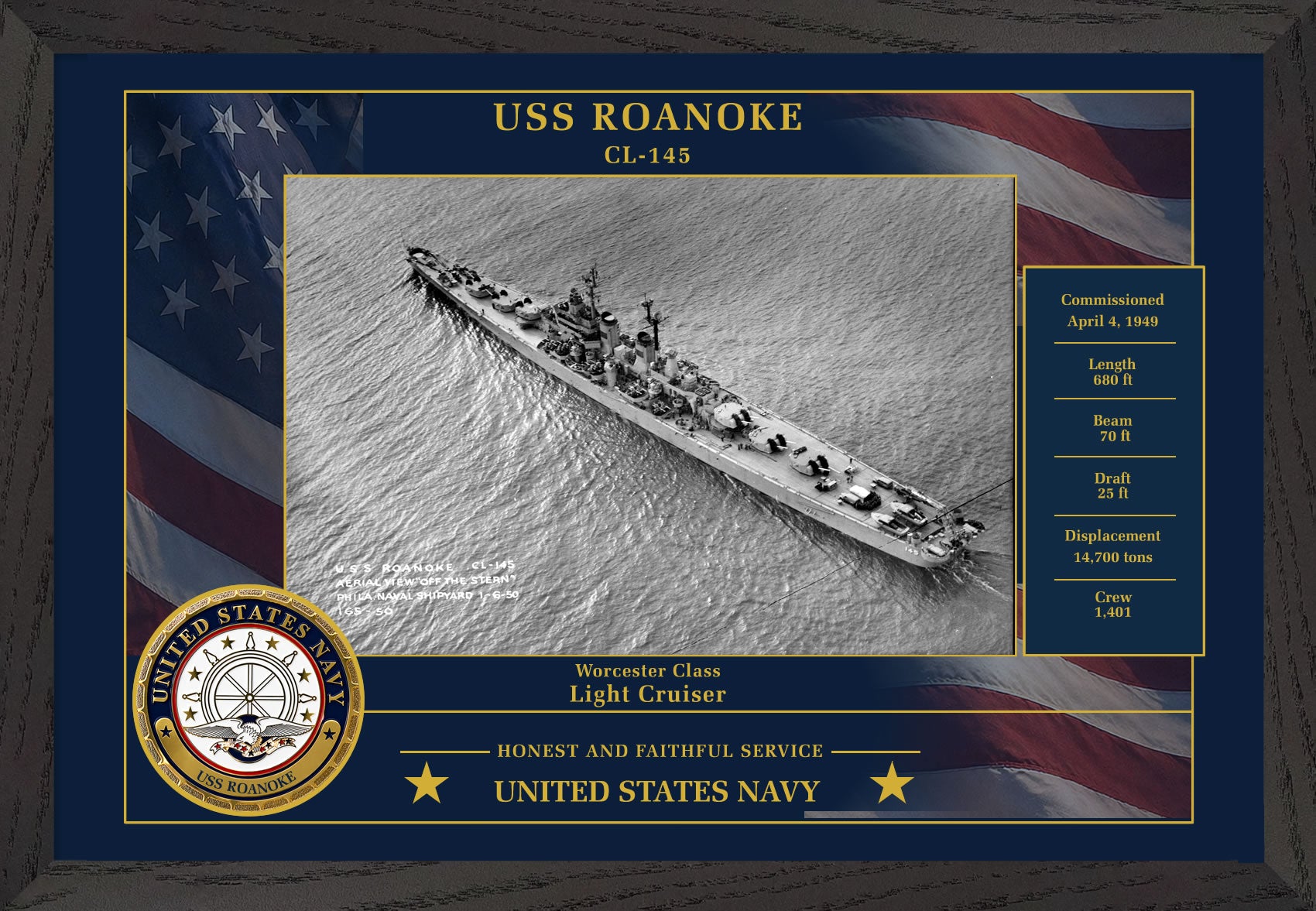 USS Roanoke CL-145 Framed Patriotic Photo
