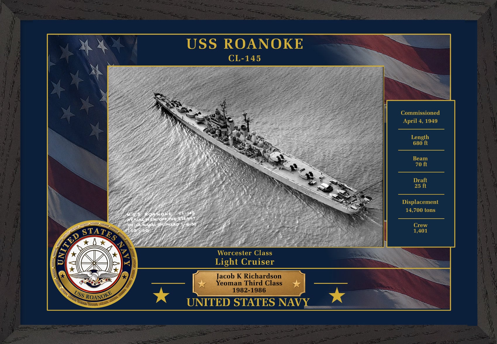 USS Roanoke CL-145 Framed Patriotic Photo