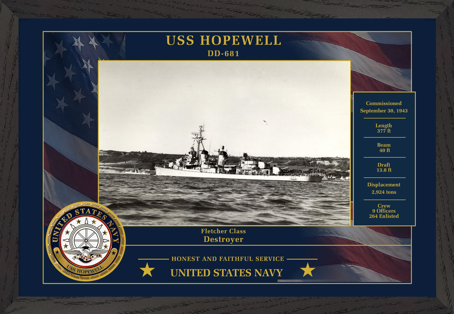USS Hopewell DD-681 Framed Patriotic Photo