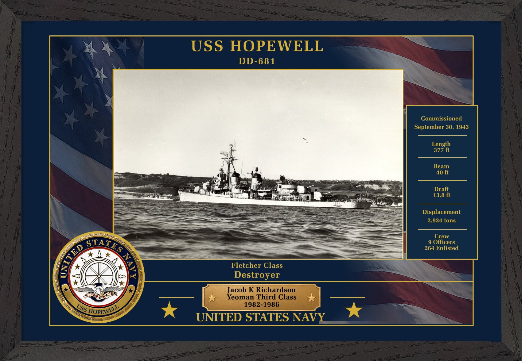 USS Hopewell DD-681 Framed Patriotic Photo
