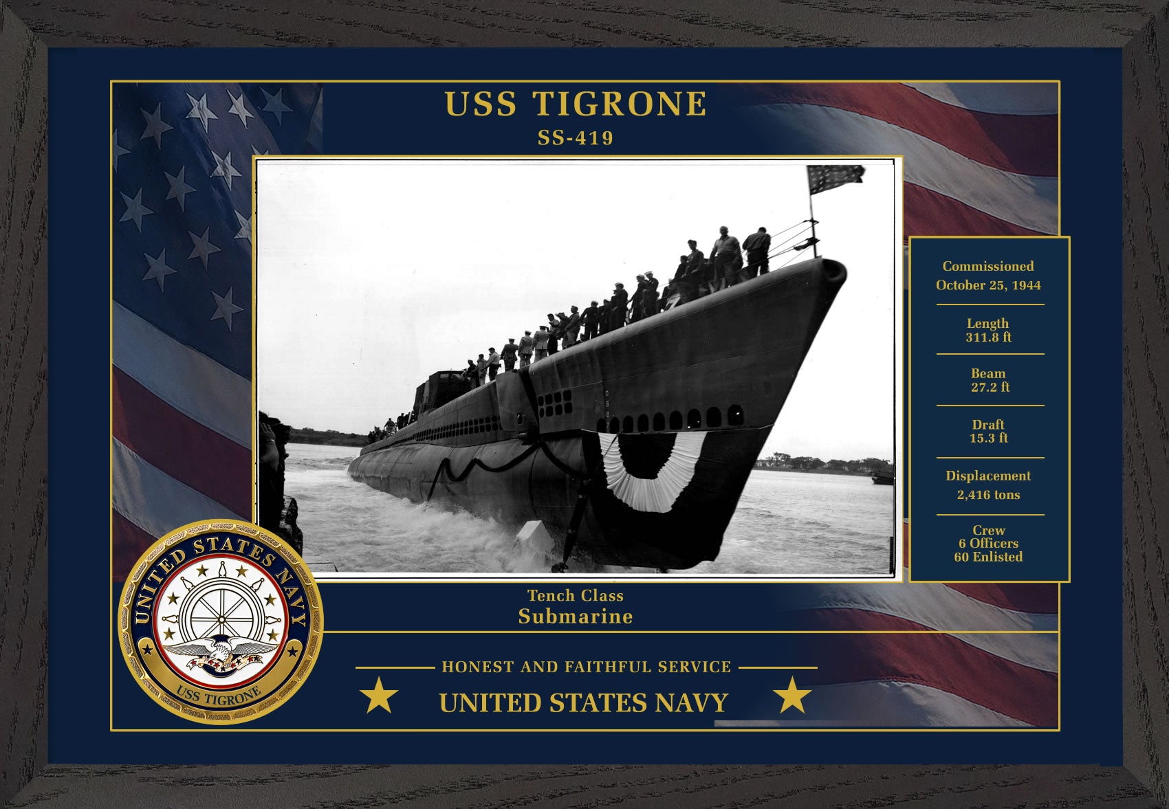 USS Tigrone SS-419 Framed Patriotic Photo