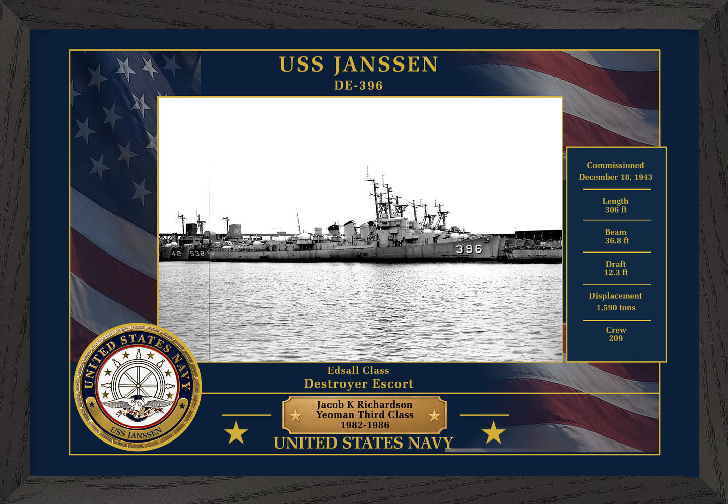 USS Janssen DE-396 Framed Patriotic Photo