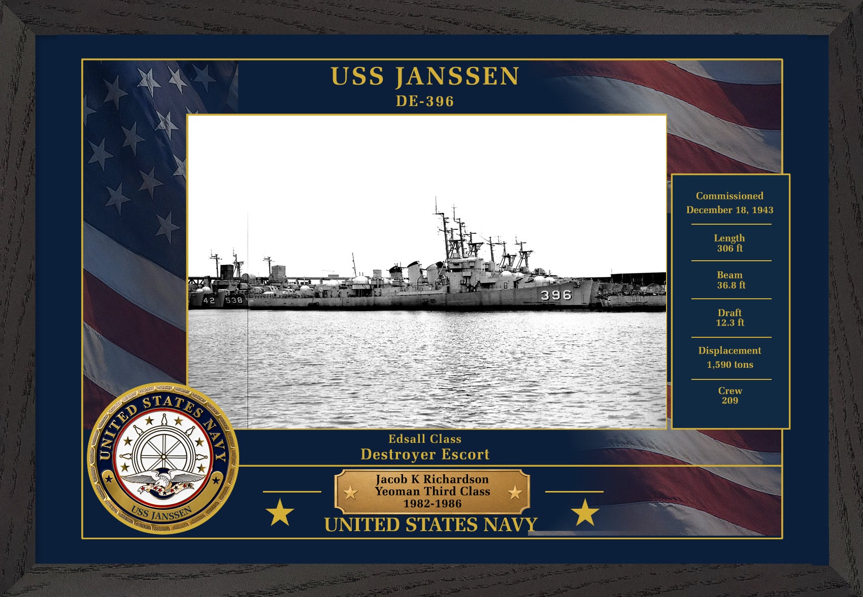 USS Janssen DE-396 Framed Patriotic Photo