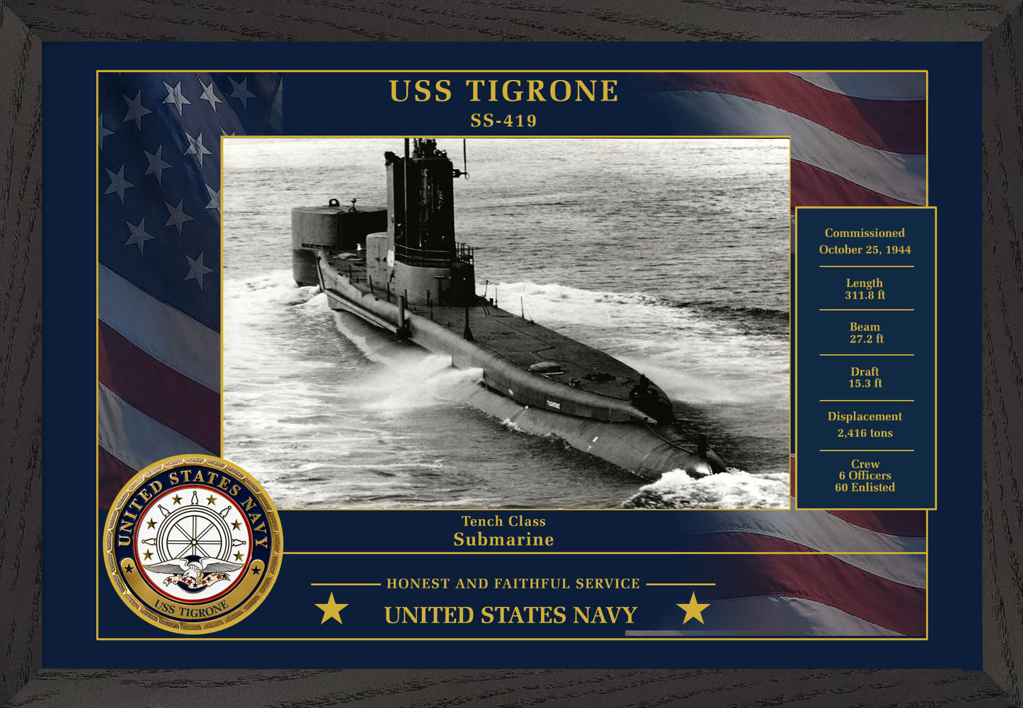 USS Tigrone SS-419 Framed Patriotic Photo