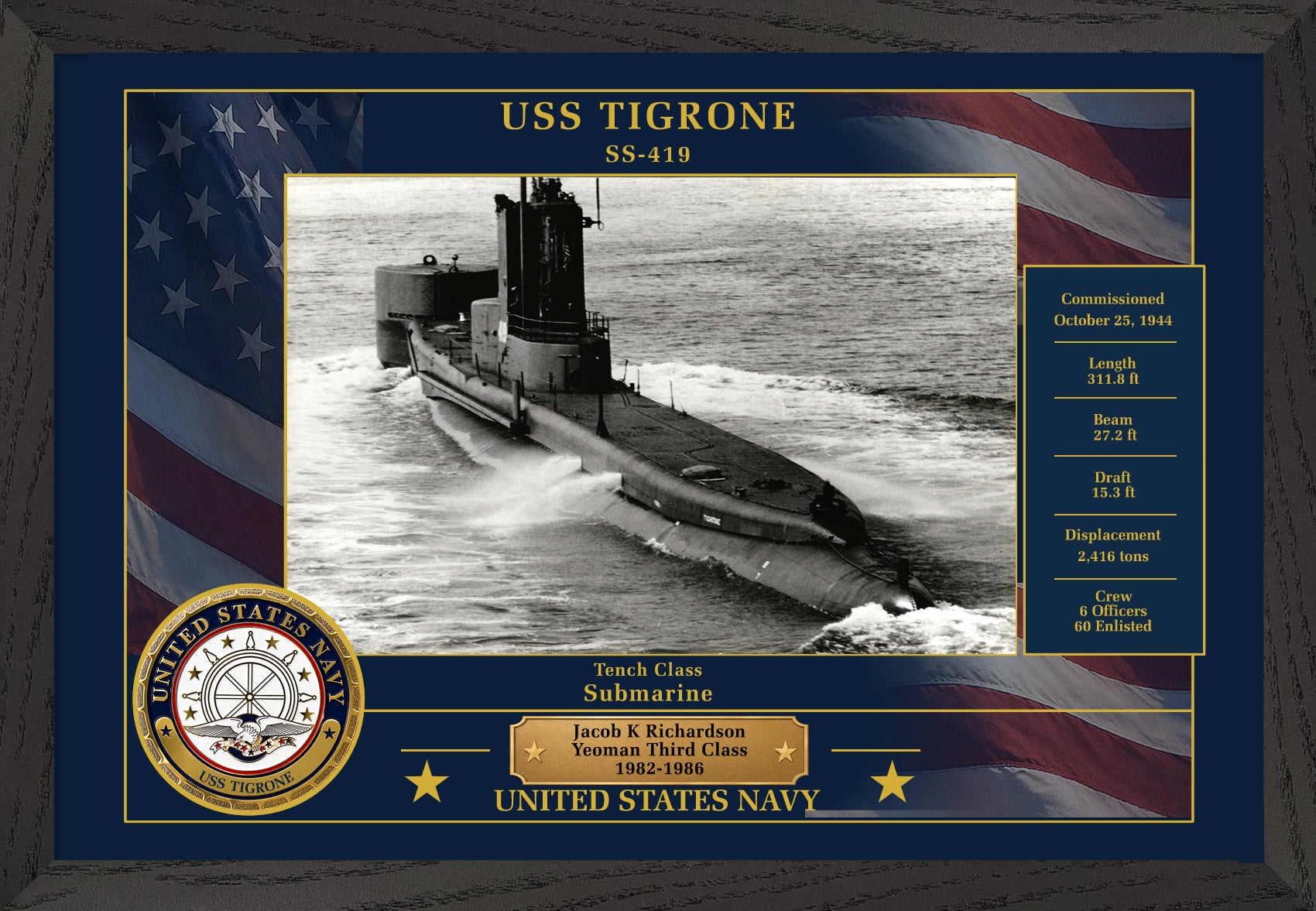 USS Tigrone SS-419 Framed Patriotic Photo