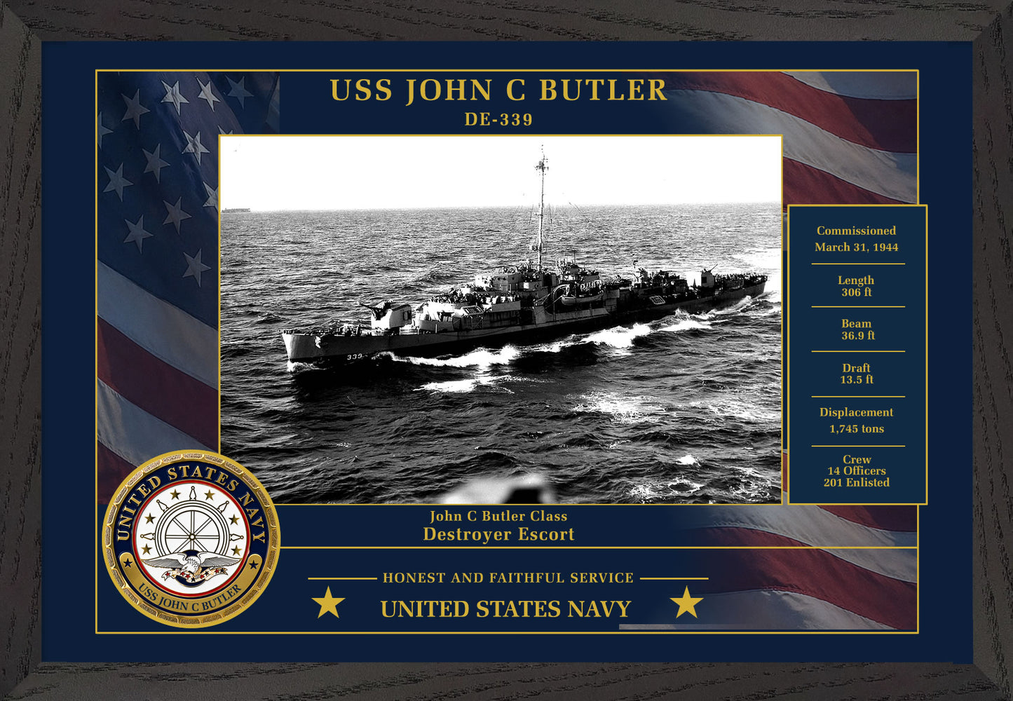 USS John C Butler DE-339 Framed Patriotic Photo
