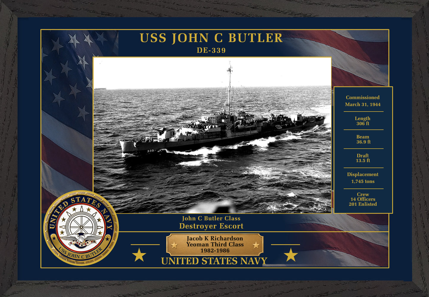 USS John C Butler DE-339 Framed Patriotic Photo