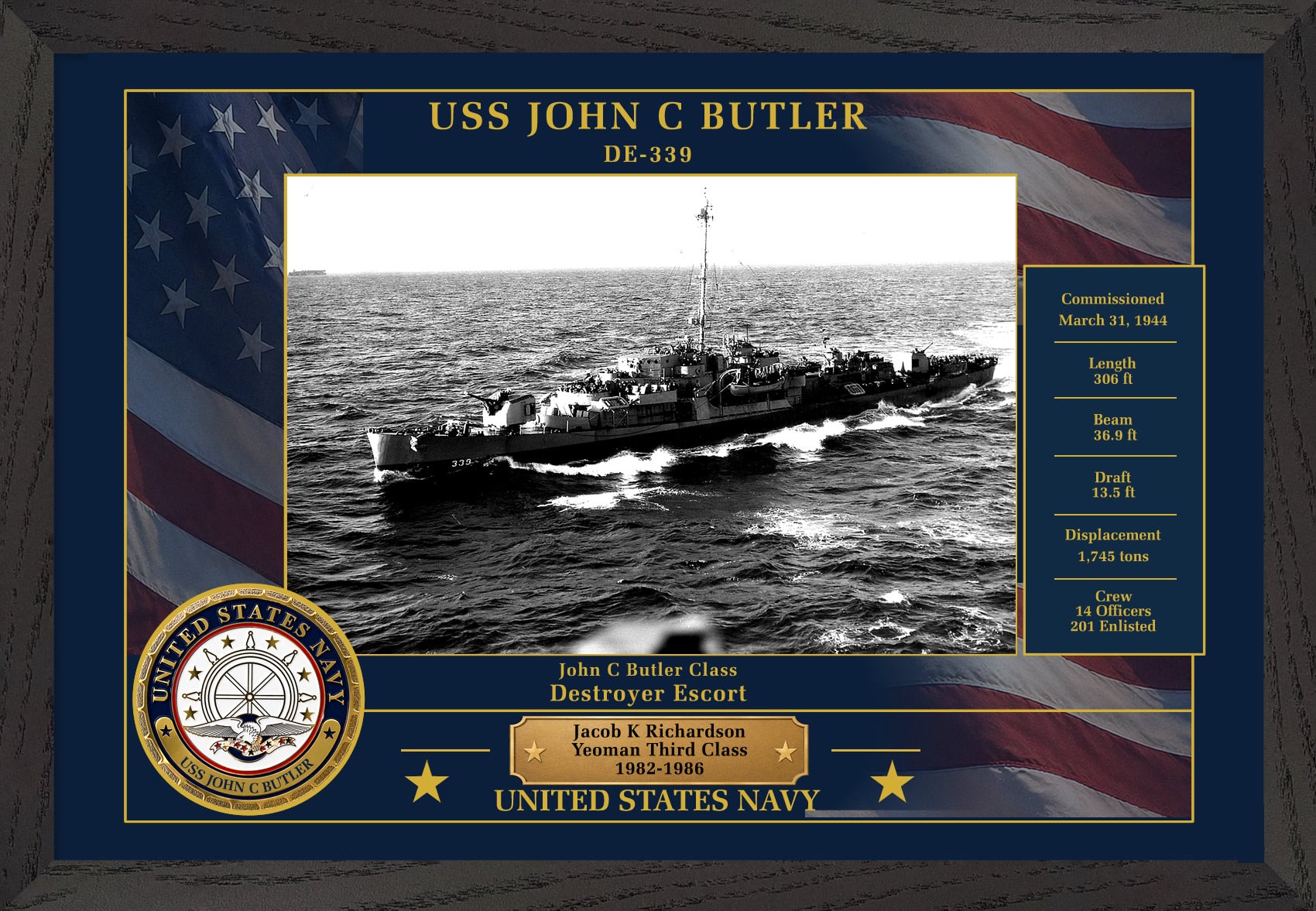 USS John C Butler DE-339 Framed Patriotic Photo