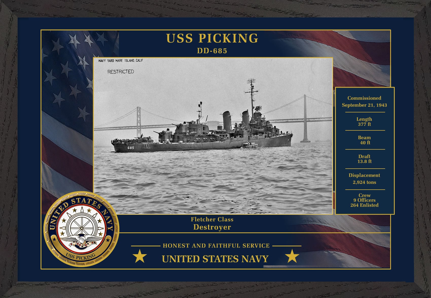USS Picking DD-685 Framed Patriotic Photo