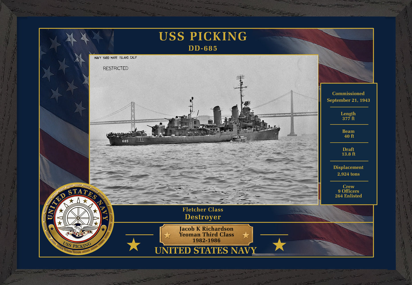 USS Picking DD-685 Framed Patriotic Photo