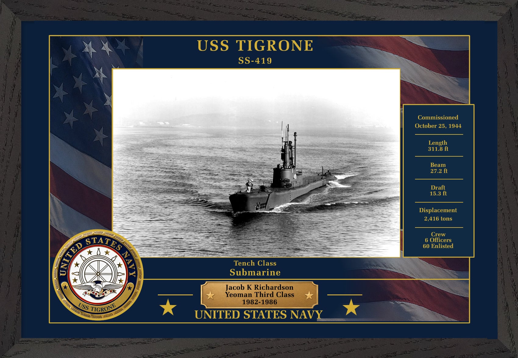 USS Tigrone SS-419 Framed Patriotic Photo