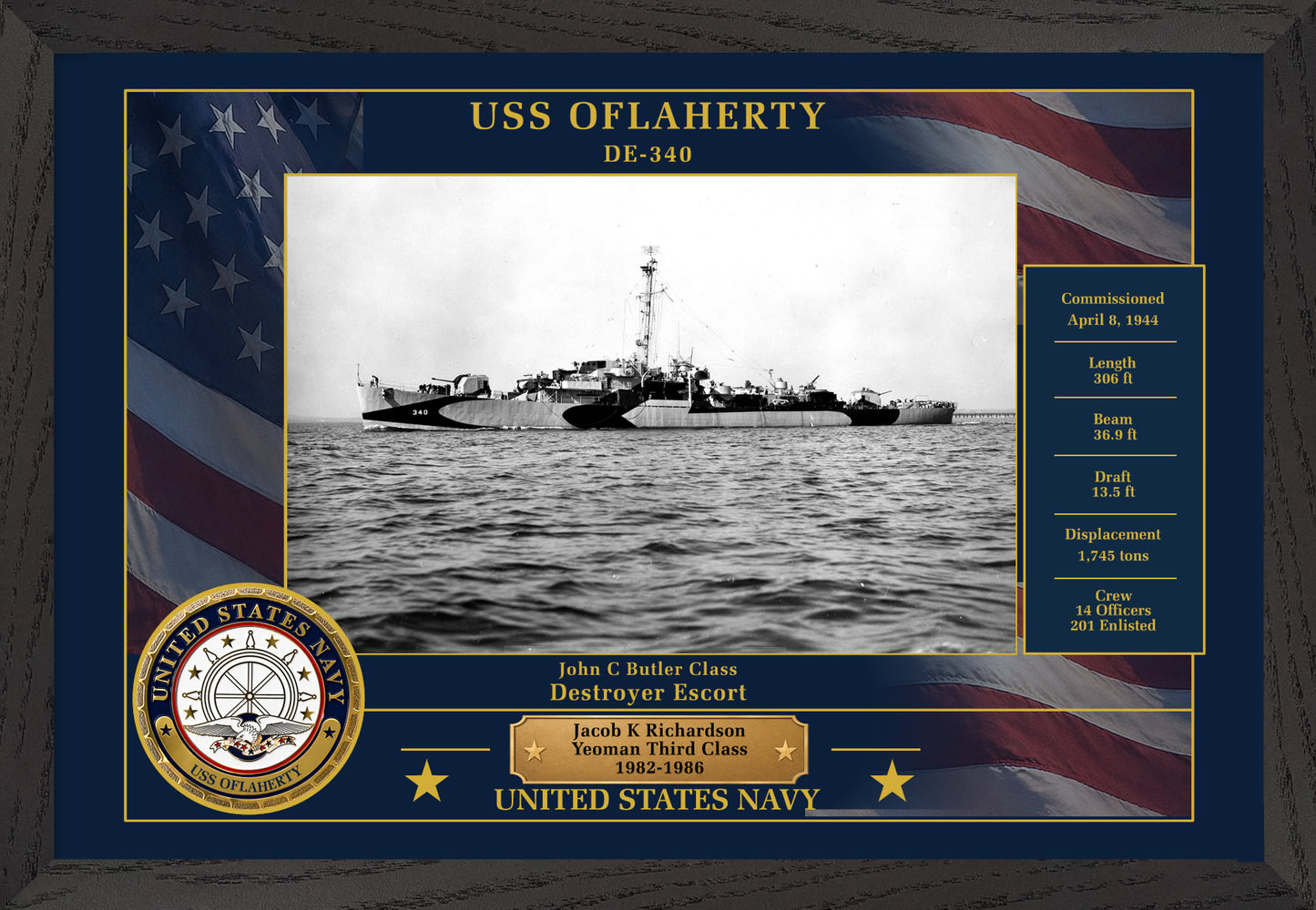USS Oflaherty DE-340 Framed Patriotic Photo