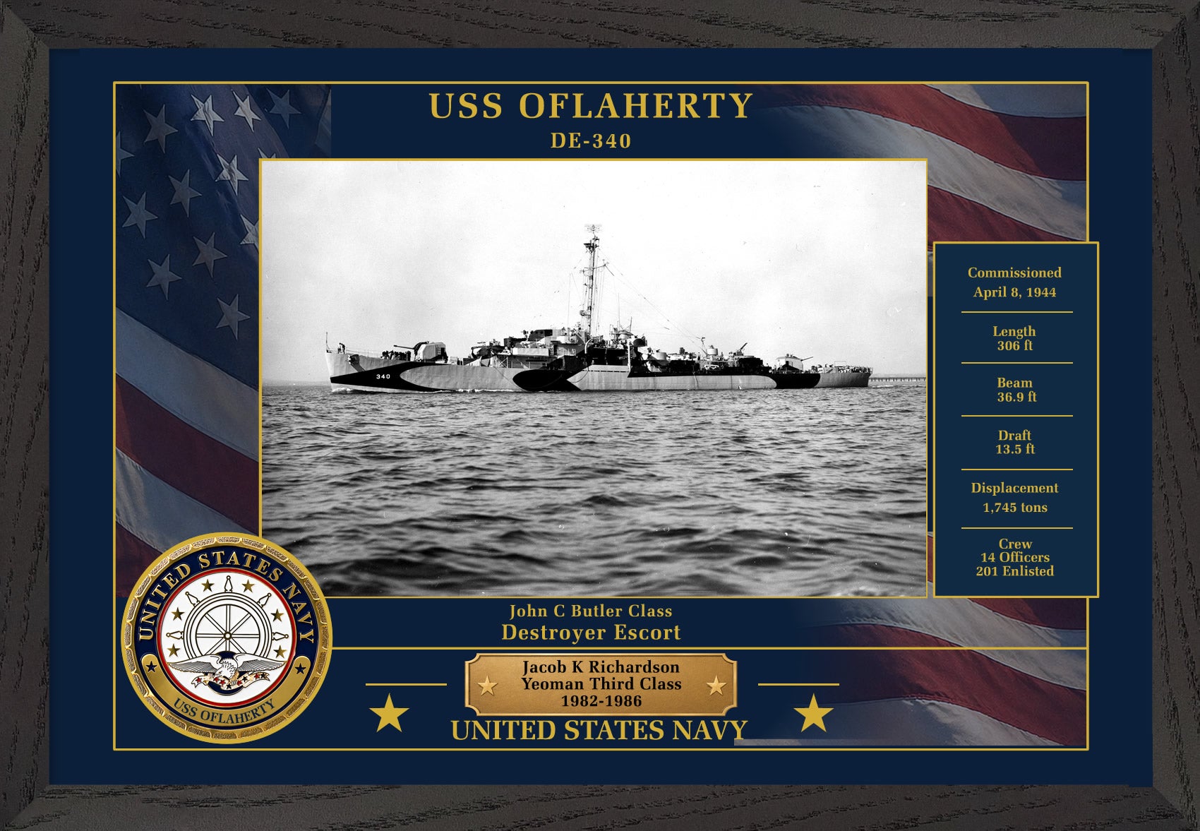 USS Oflaherty DE-340 Framed Patriotic Photo