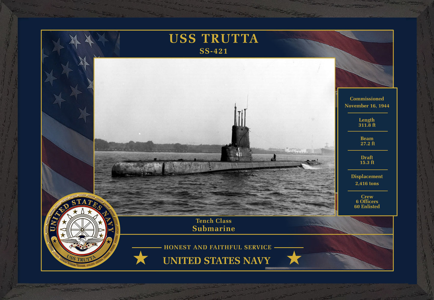 USS Trutta SS-421 Framed Patriotic Photo