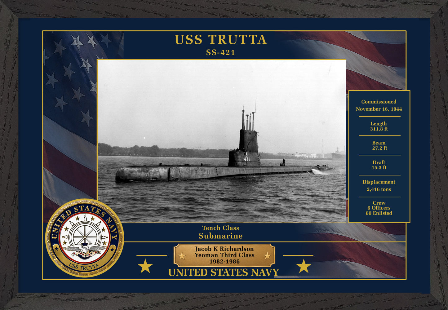 USS Trutta SS-421 Framed Patriotic Photo