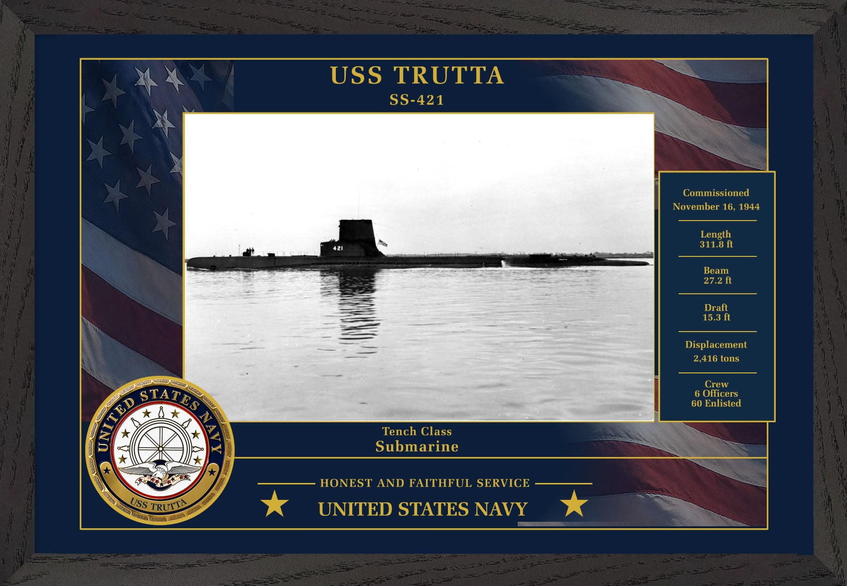 USS Trutta SS-421 Framed Patriotic Photo