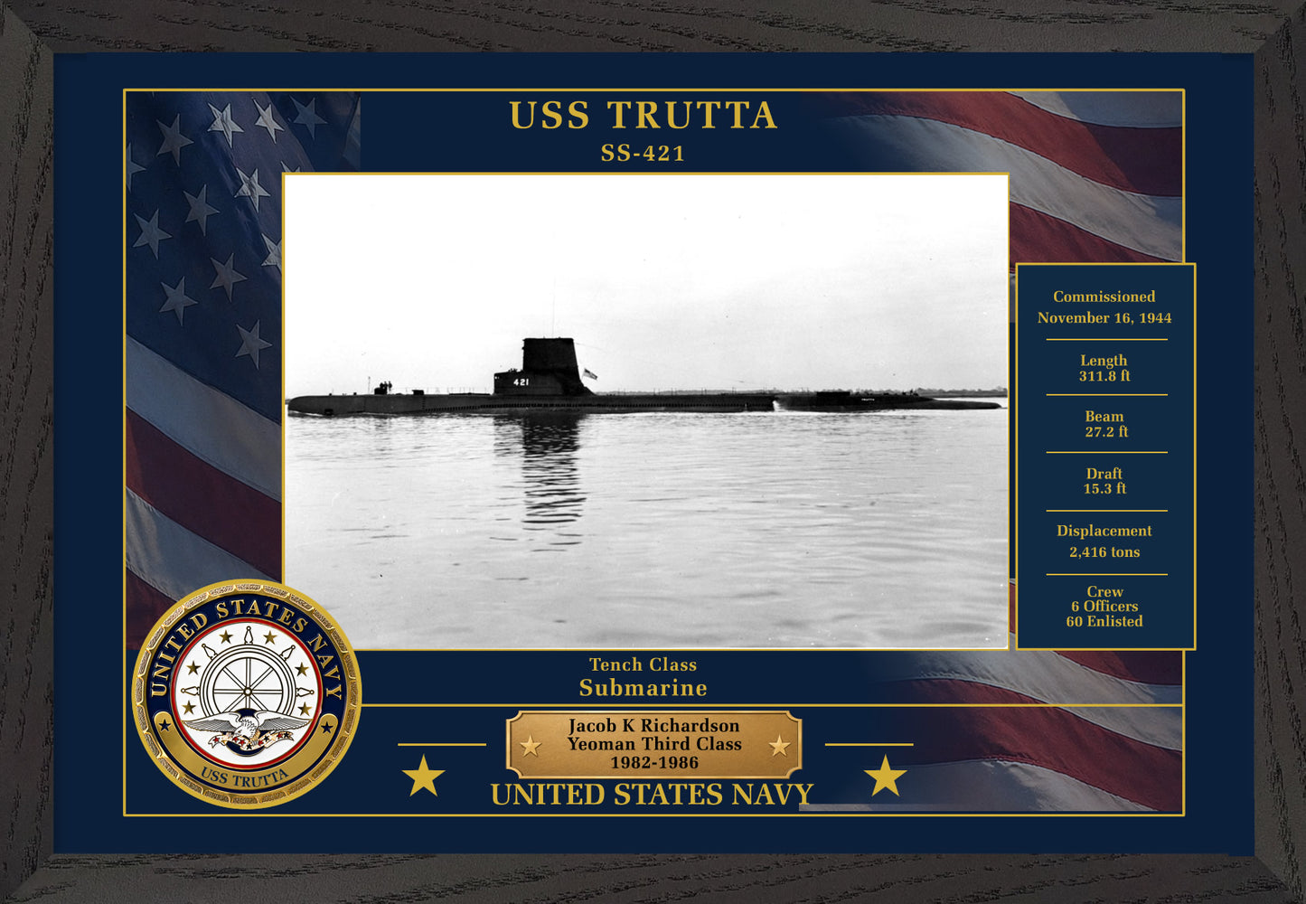 USS Trutta SS-421 Framed Patriotic Photo