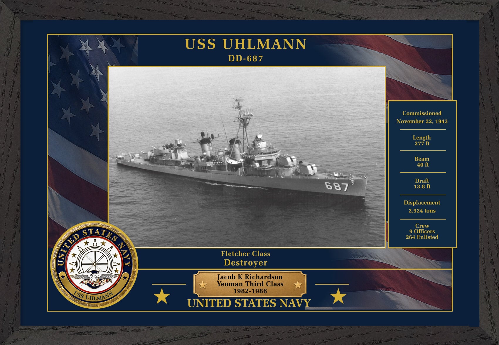 USS Uhlmann DD-687 Framed Patriotic Photo