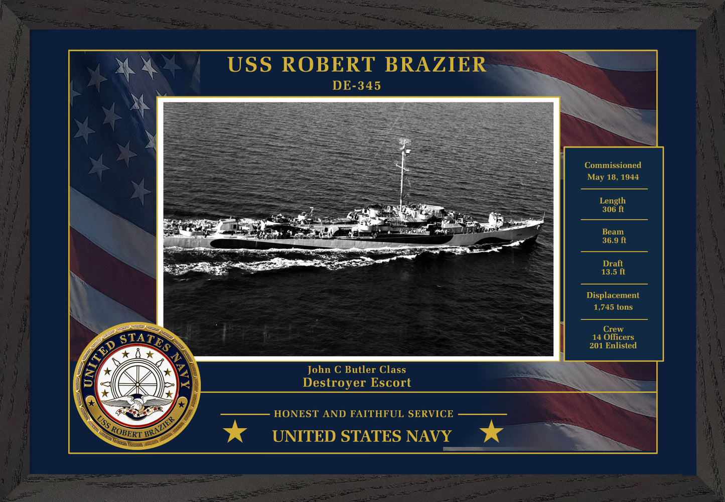 USS Robert Brazier DE-345 Framed Patriotic Photo