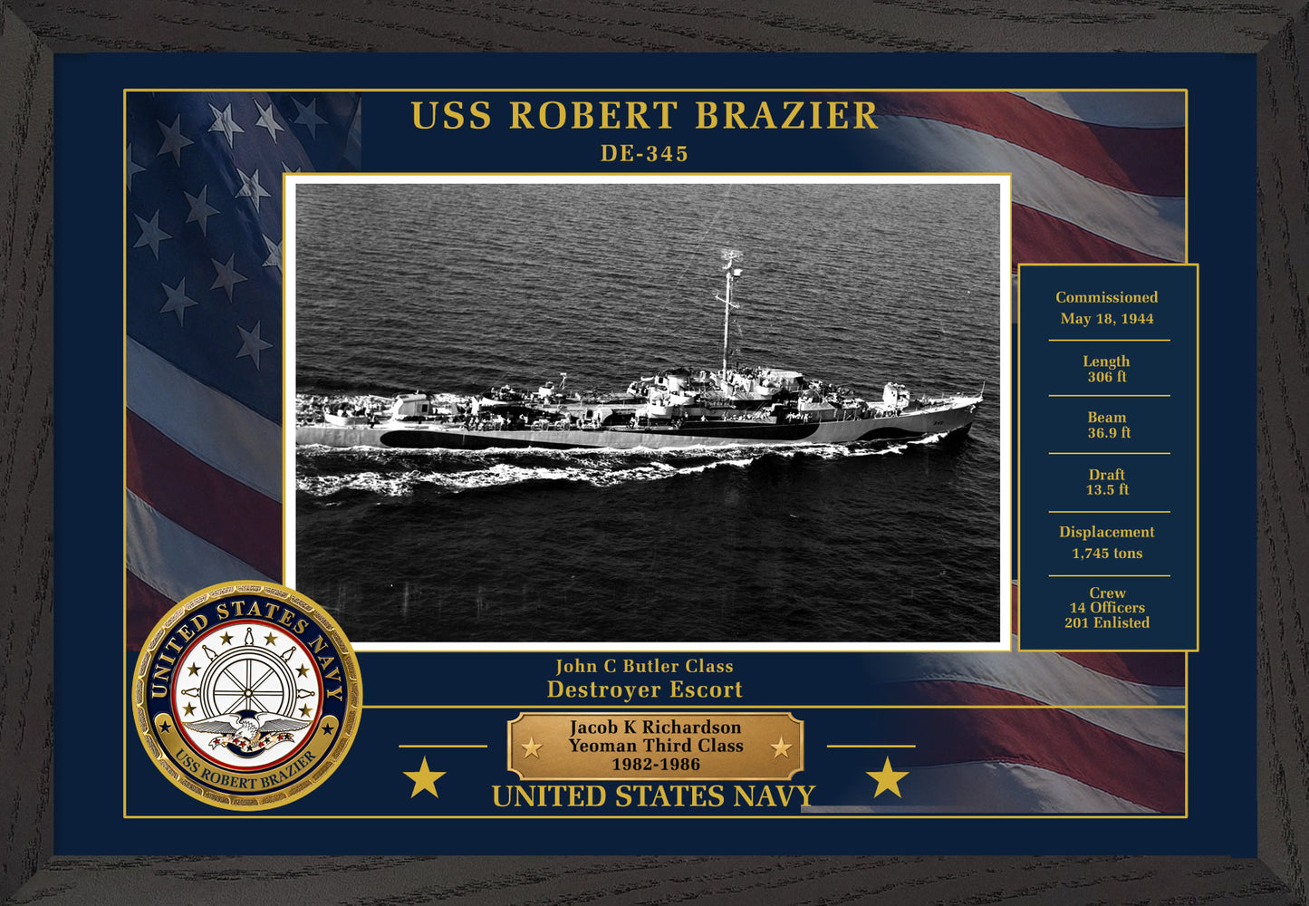 USS Robert Brazier DE-345 Framed Patriotic Photo