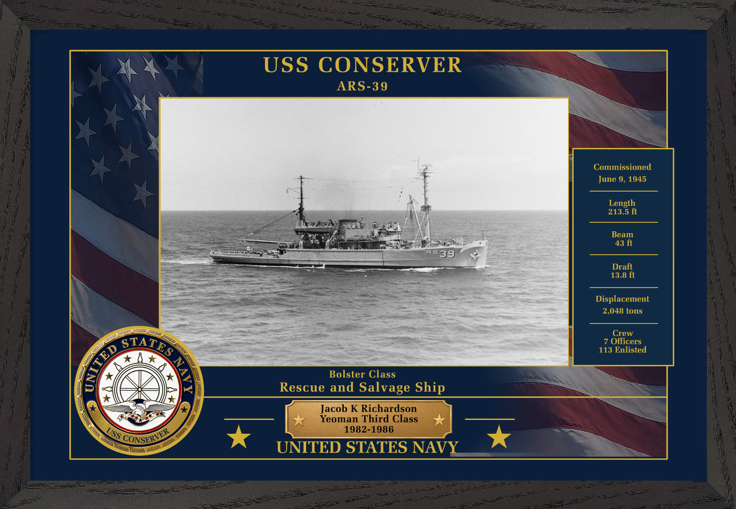 USS Conserver ARS-39 Framed Patriotic Photo