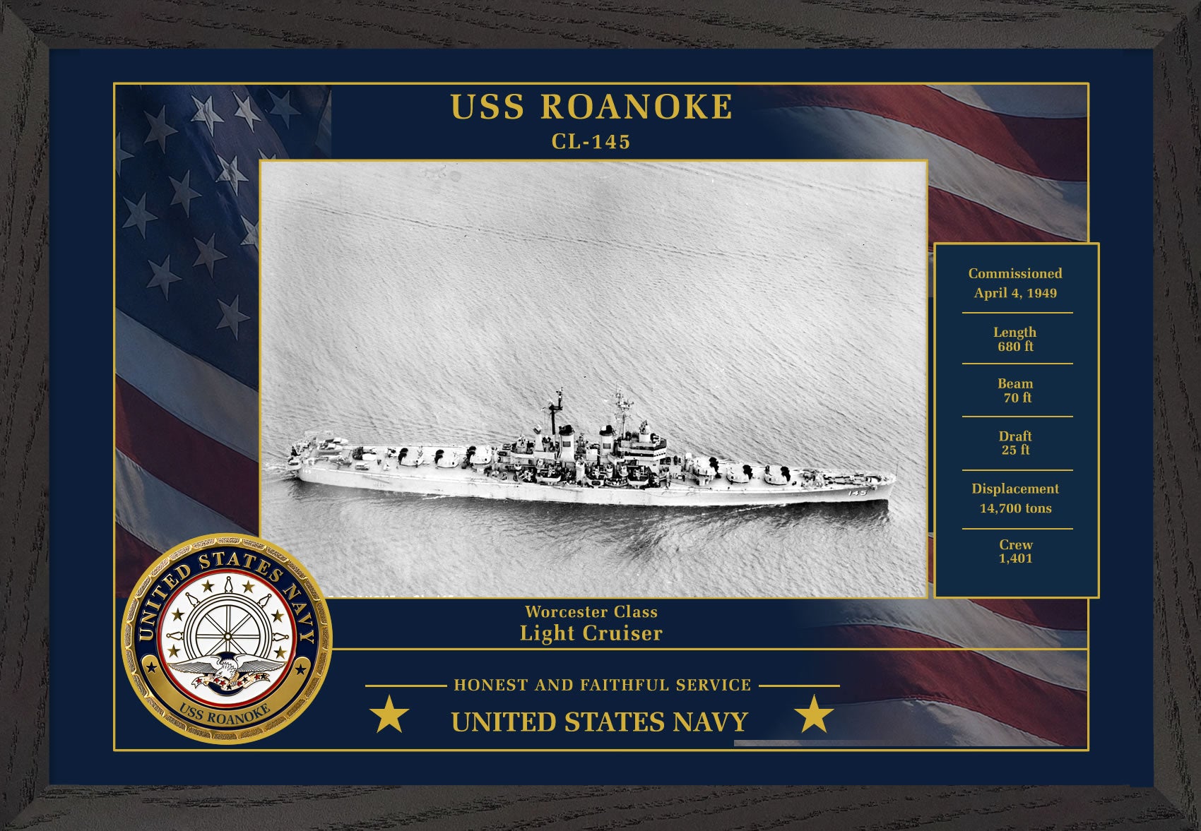 USS Roanoke CL-145 Framed Patriotic Photo