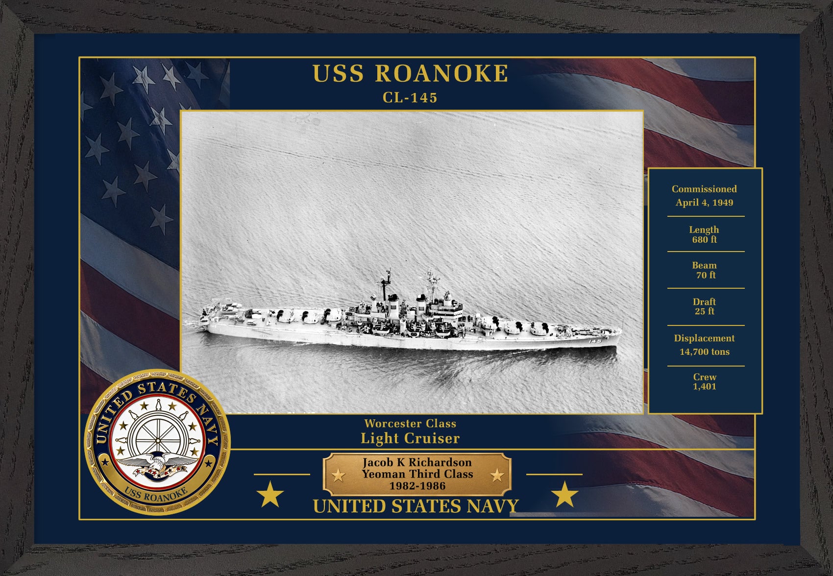 USS Roanoke CL-145 Framed Patriotic Photo
