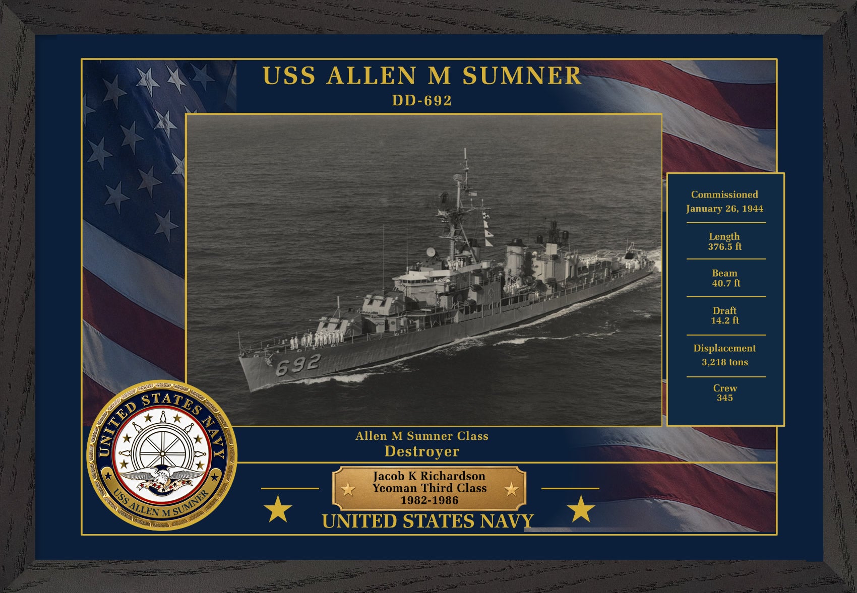 USS Allen M Sumner DD-692 Framed Patriotic Photo