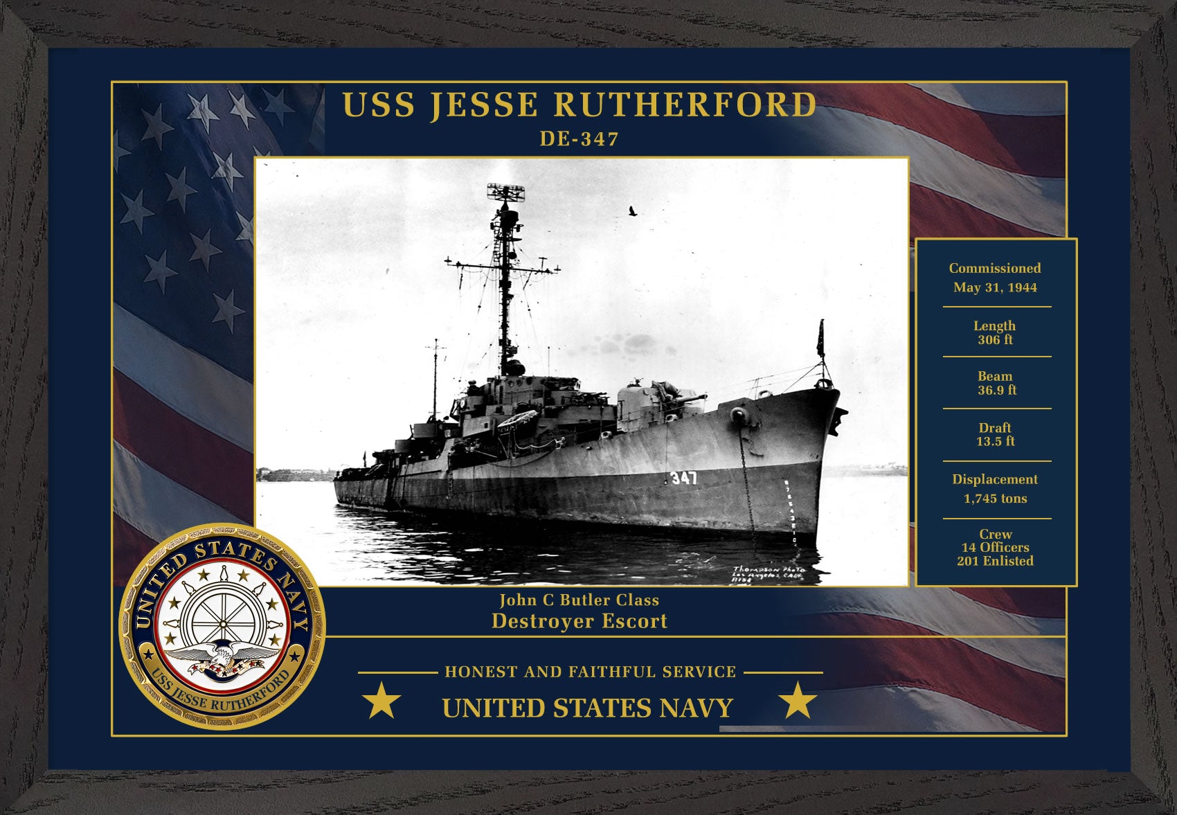 USS Jesse Rutherford DE-347 Framed Patriotic Photo