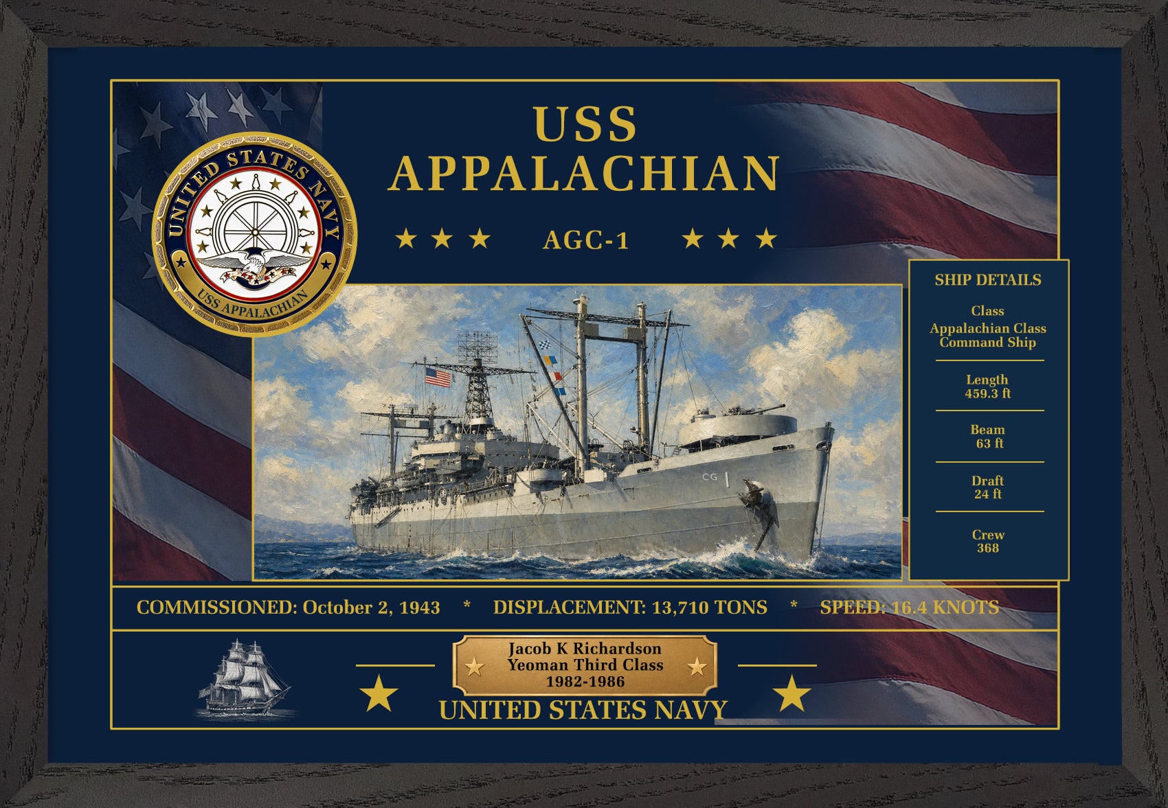 USS Appalachian AGC-1 Framed Patriotic Art