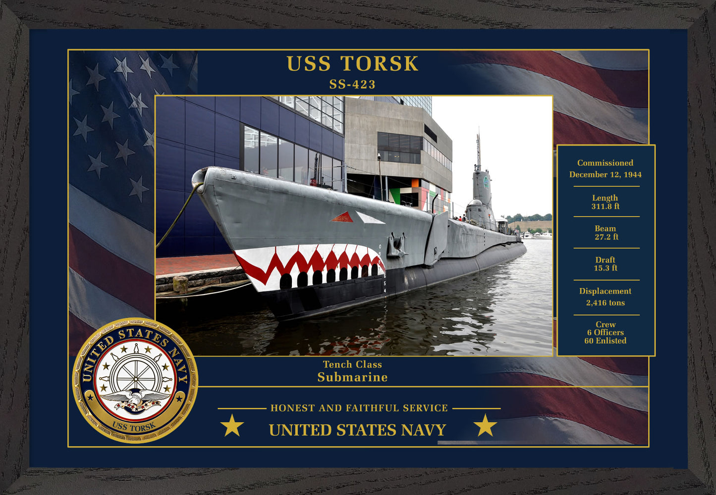 USS Torsk SS-423 Framed Patriotic Photo