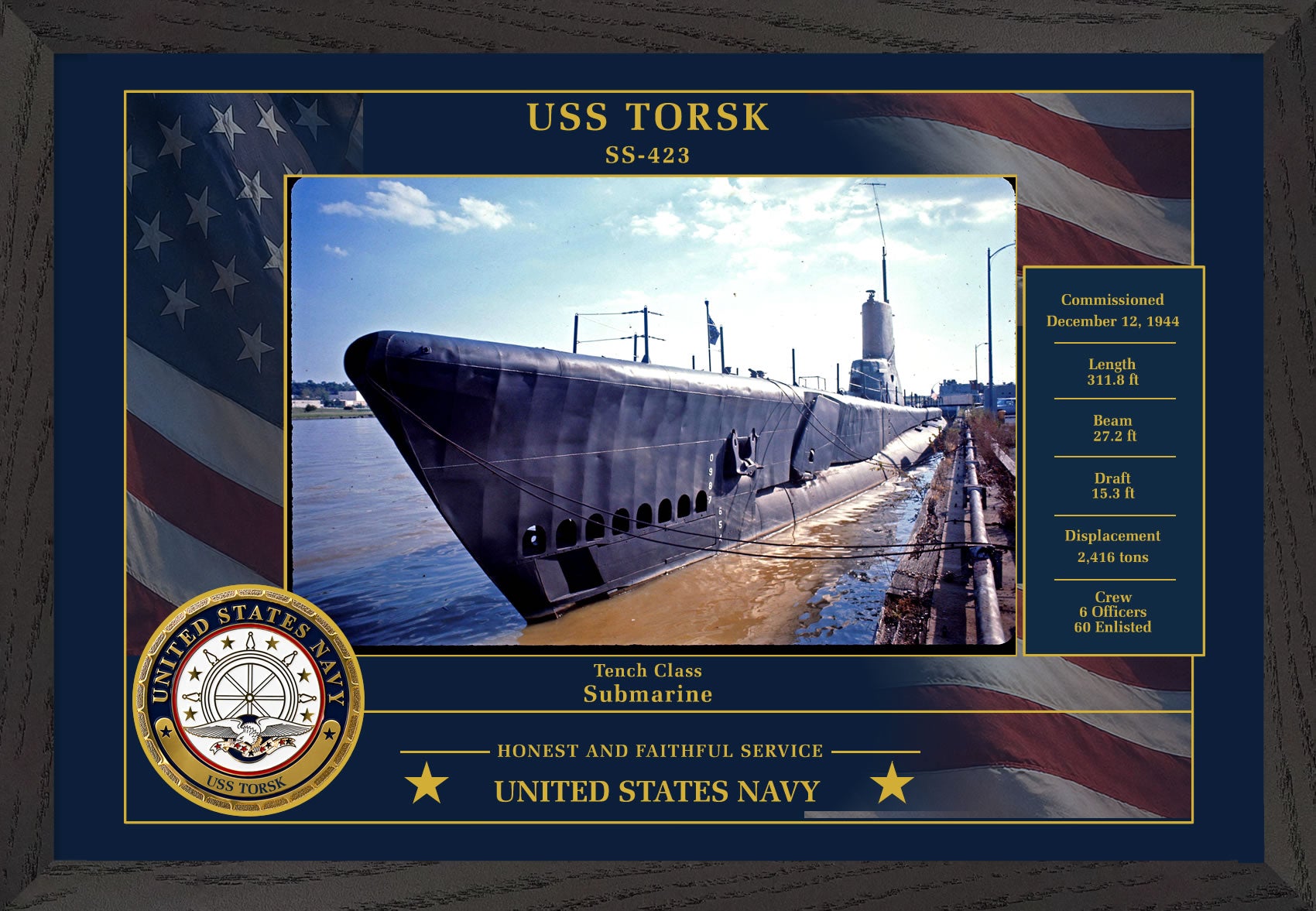 USS Torsk SS-423 Framed Patriotic Photo
