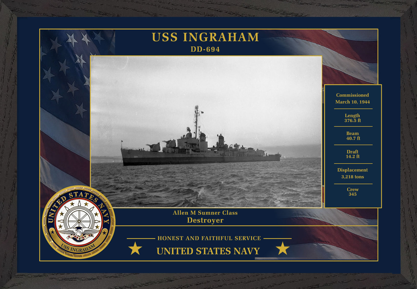 USS Ingraham DD-694 Framed Patriotic Photo