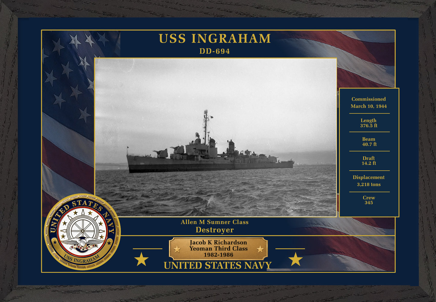 USS Ingraham DD-694 Framed Patriotic Photo