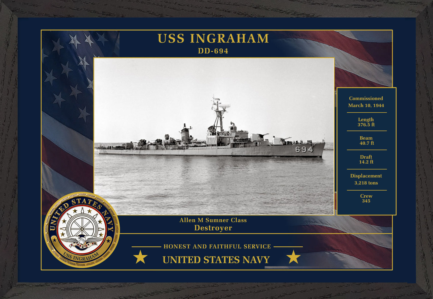 USS Ingraham DD-694 Framed Patriotic Photo
