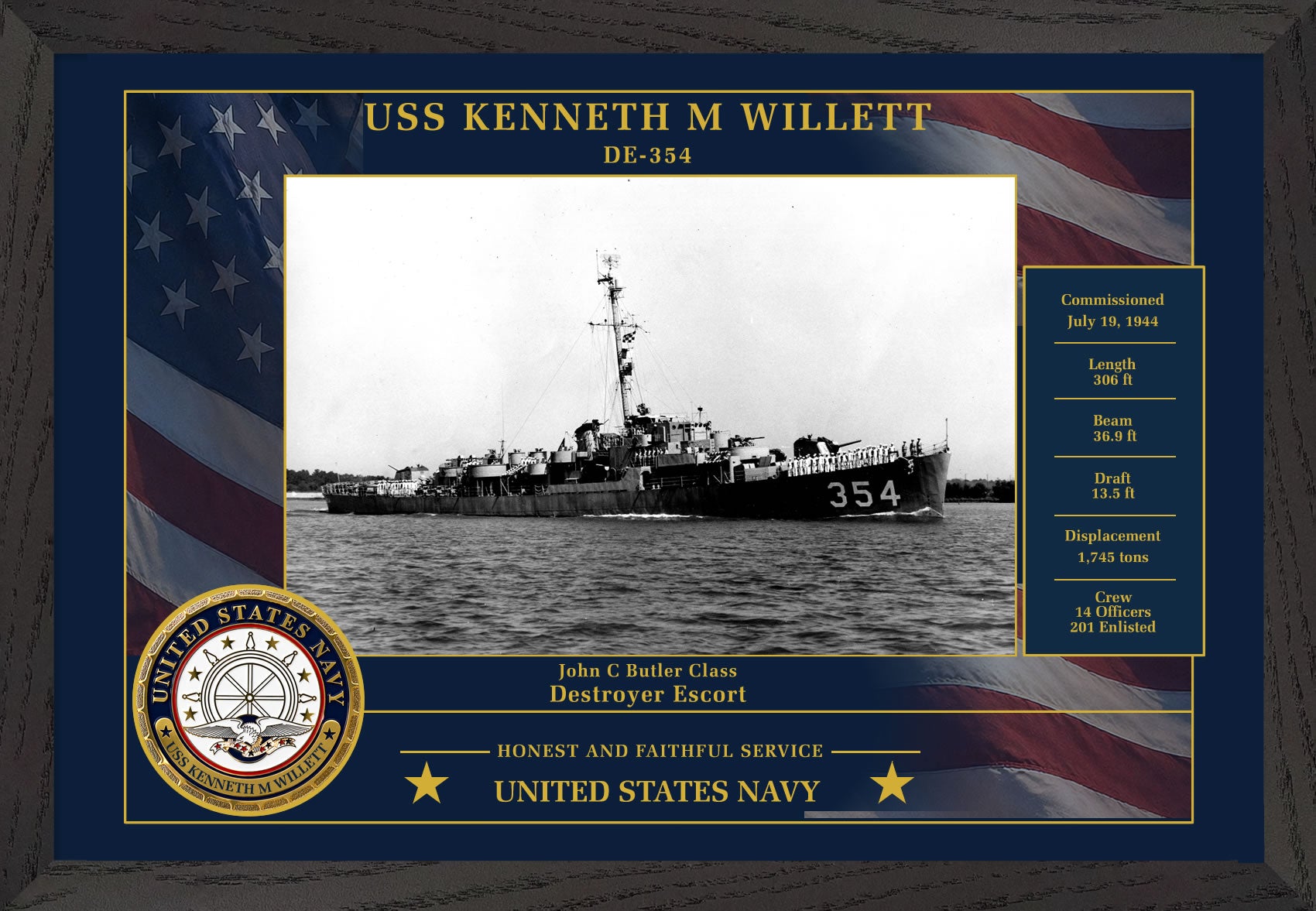 USS Kenneth M Willett DE-354 Framed Patriotic Photo