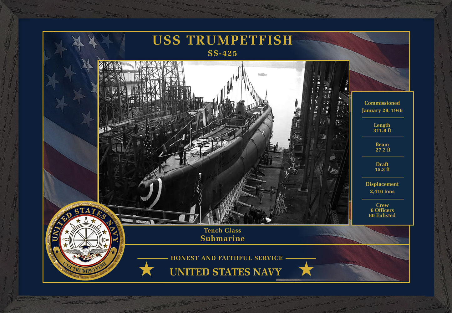 USS Trumpetfish SS-425 Framed Patriotic Photo