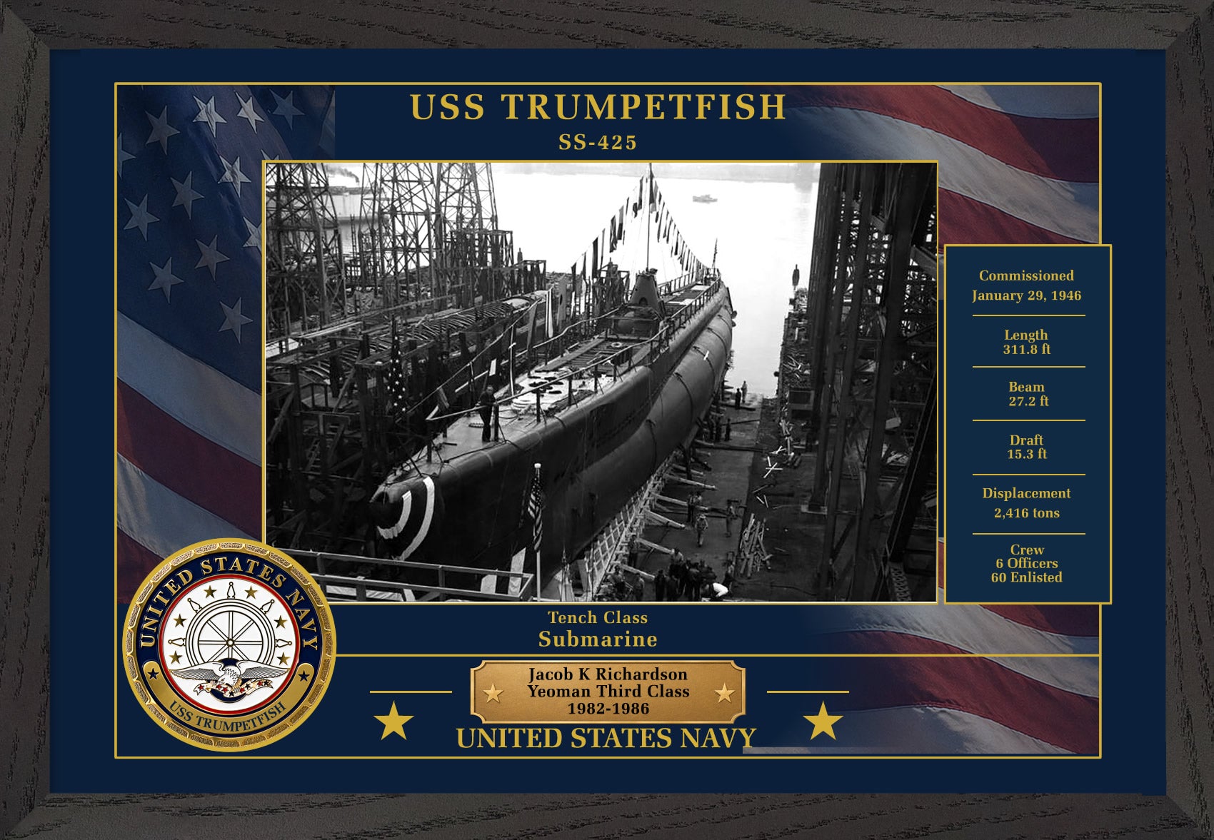 USS Trumpetfish SS-425 Framed Patriotic Photo