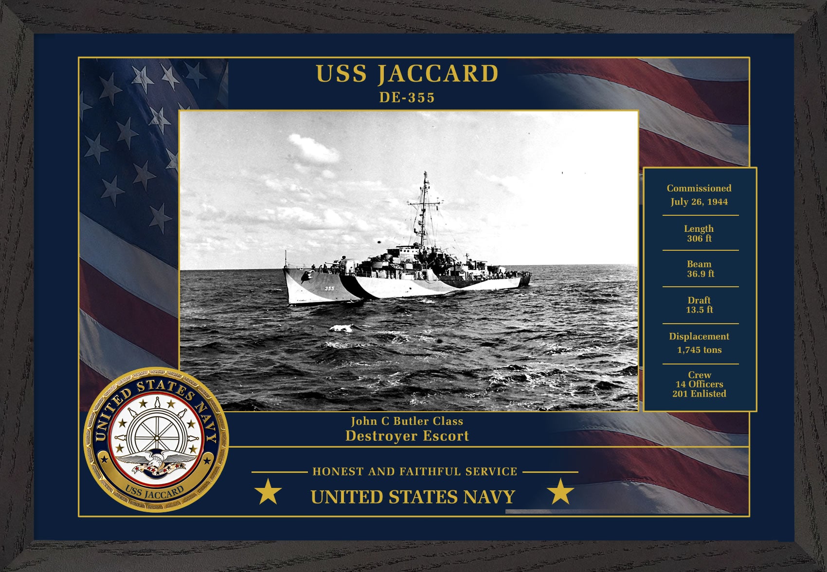 USS Jaccard DE-355 Framed Patriotic Photo